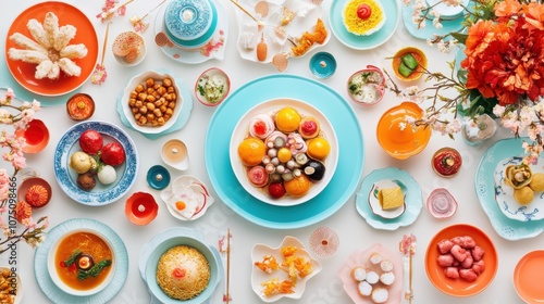 A vibrant arrangement of diverse dishes and desserts showcasing culinary artistry.