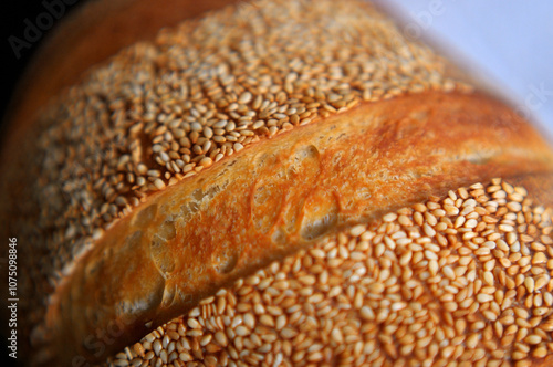 Crust with sesame seeds of home baked bread