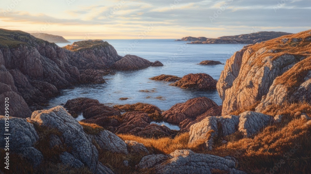 Warm evening light casting elongated shadows over a rugged coastal landscape, highlighting the textures of rocks and waves. Warm evening light casting elongated shadows over a rugged coastal landscape, highlighting the textures of rocks and waves.
