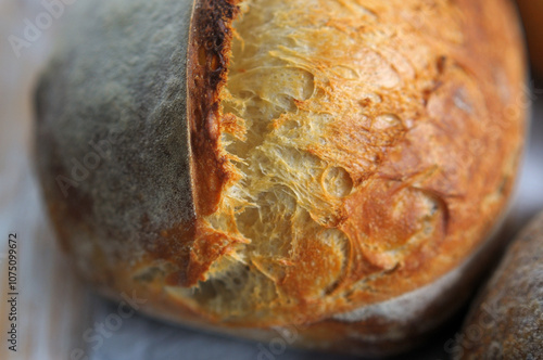 Closeup photo of crust of home baked sourdough bread