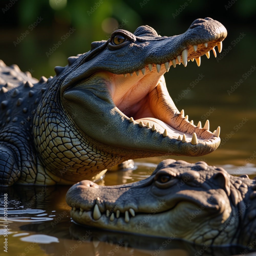 Obraz premium A fierce encounter between two menacing reptiles an alligator versus a crocodile