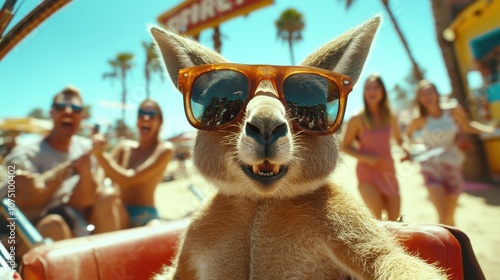 A kangaroo wearing sunglasses amusingly attempts to drive a vintage car on a sunny beach with friends enjoying in the background photo