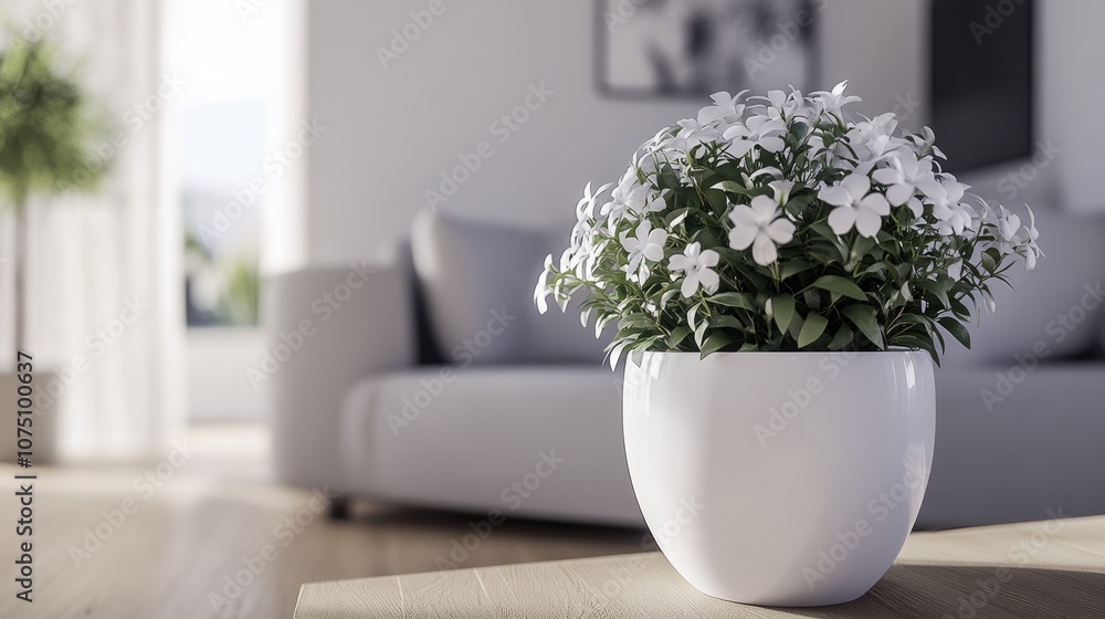 Serene Indoor Scene Featuring a Lush Potted Flower Arrangement with Bright White Blooms Against a Subtle Modern Living Room Background Serene Indoor Scene Featuring a Lush Potted Flower Arrangement with Bright White Blooms Against a Subtle Modern Living Room Background