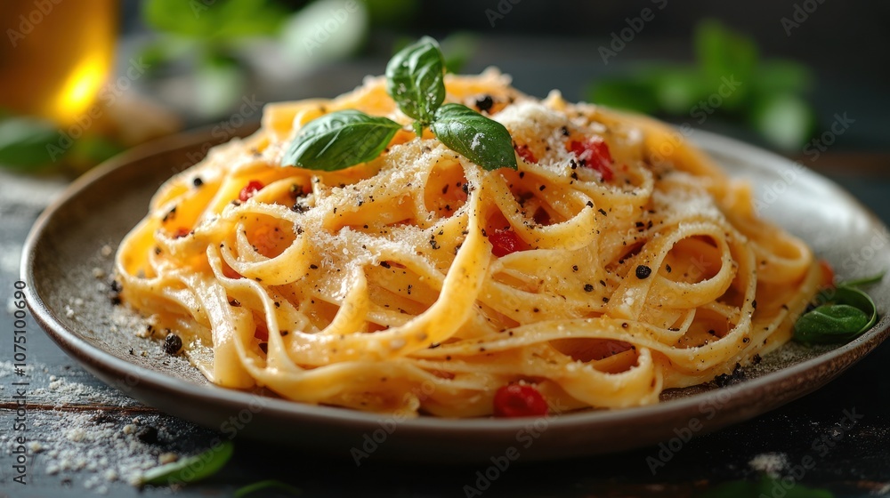 A delicious plate of pasta garnished with basil and cheese. A delicious plate of pasta garnished with basil and cheese.