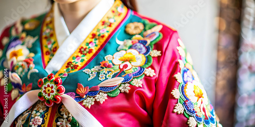 Macro Close Up Seollal Hanbok Intricate Embroidery Patterns Traditional Korean Attire Vibrant Colors Craftsmanship Cultural Pride Elegance Ample Copy Space Photo Stock Concept