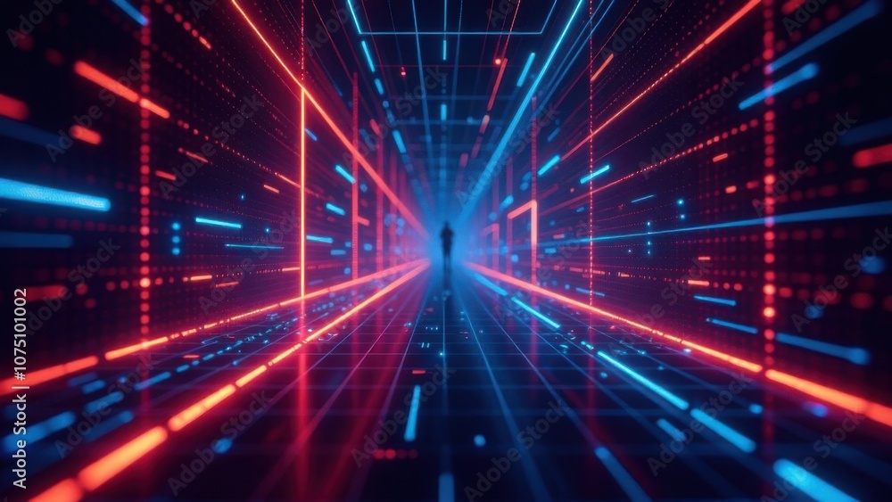 Abstract digital tunnel with neon light streaks converging to a bright focal point. Technology and data transmission concept for wallpaper and banner design Abstract digital tunnel with neon light streaks converging to a bright focal point. Technology and data transmission concept for wallpaper and banner design