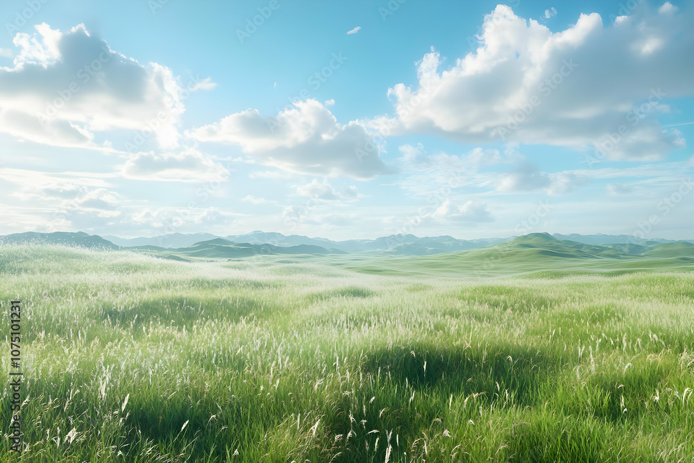 Fototapeta premium 3D Green Grass Field Landscape, Clouds, Blue Sky Background