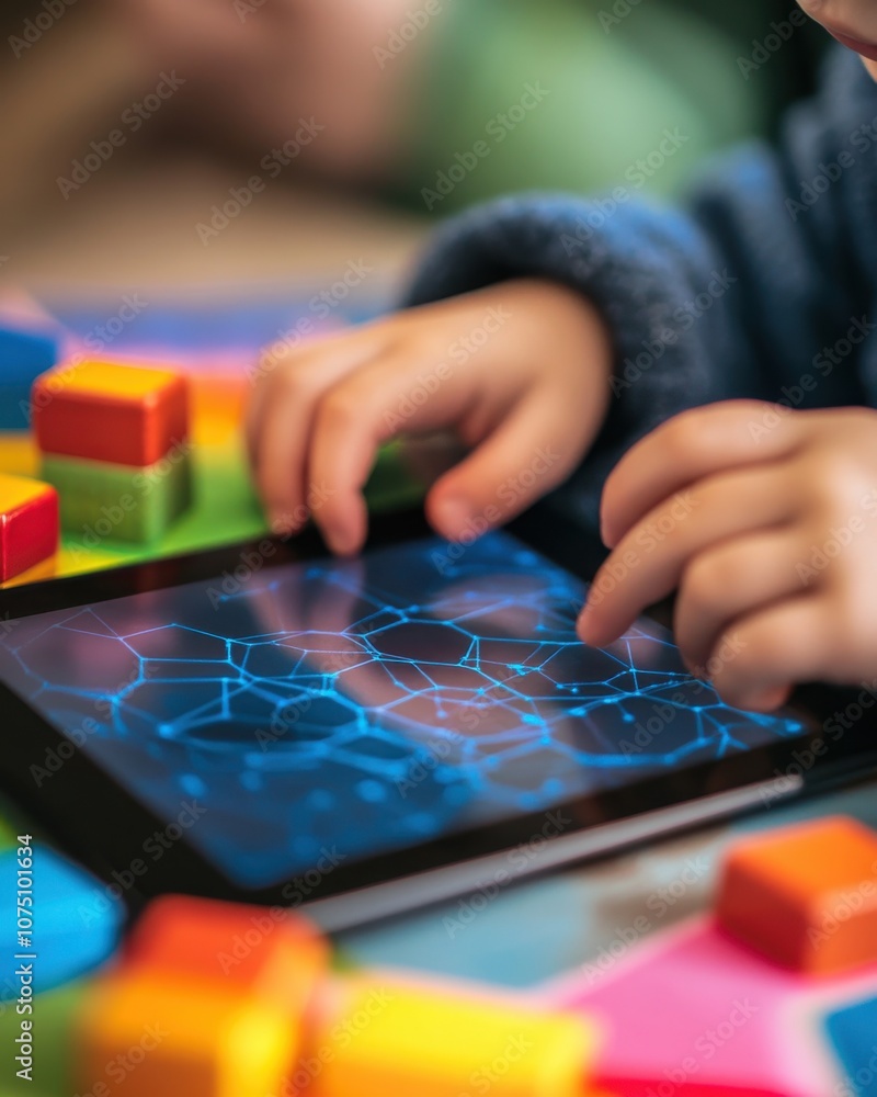 A child's hands engaged in creative play with a tablet and colorful building blocks in a bright indoor setting A child's hands engaged in creative play with a tablet and colorful building blocks in a bright indoor setting