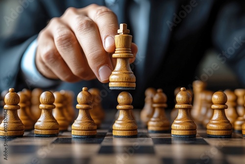 Strategic Move in Chess Game with Wooden Pieces, Businessman in Suit Elevating King, Close-Up of Hand Contemplating Next Play, Board Game Dynamics