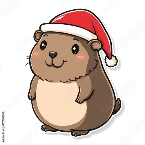 Festive Capybara Kawaii Style Illustration: Cute Christmas Sticker Clipart