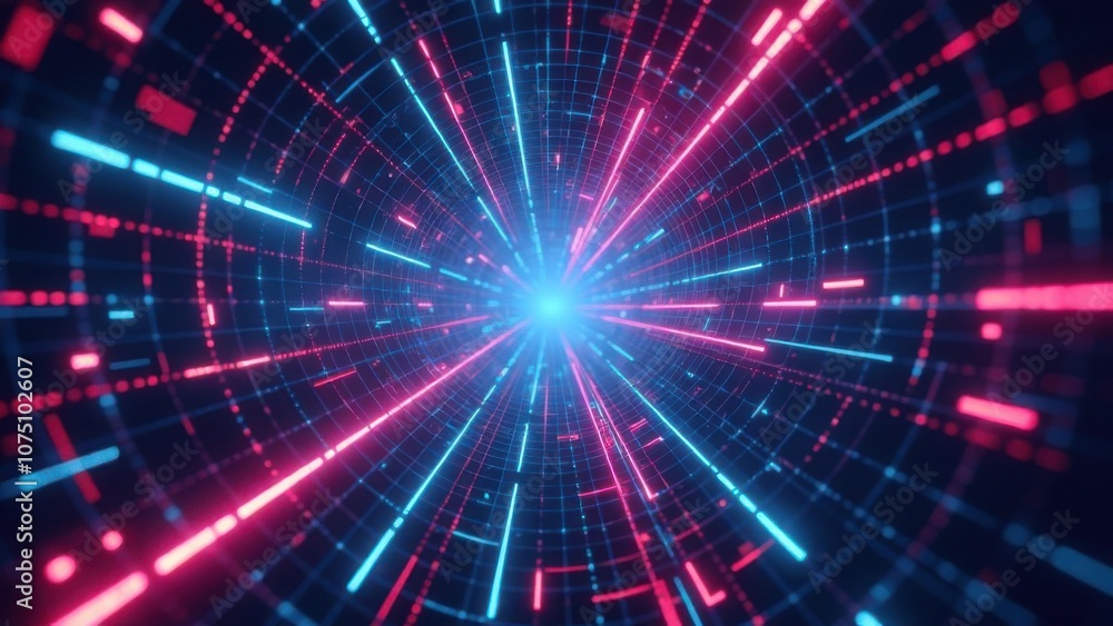 Abstract digital tunnel with neon light streaks converging to a bright focal point. Technology and data transmission concept for wallpaper and banner design Abstract digital tunnel with neon light streaks converging to a bright focal point. Technology and data transmission concept for wallpaper and banner design