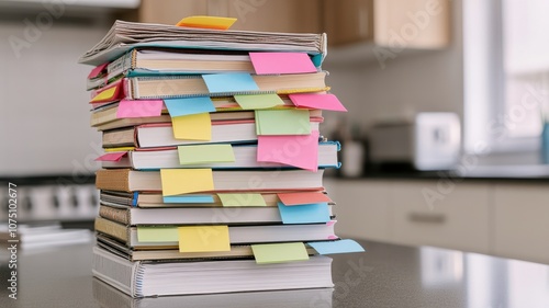 Colorful sticky notes on a stack of books in a modern kitchen.