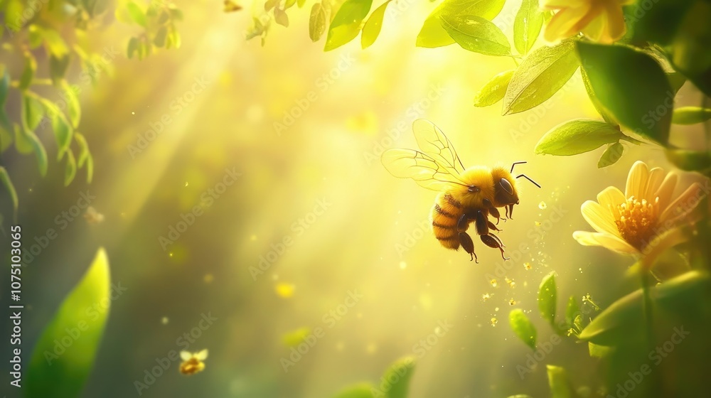 Nature's Dance: A Vivid Close-Up of a Bumblebee Hovering Among Sunlit Flowers in a Lush Green Garden, Symbolizing Pollination and Biodiversity Nature's Dance: A Vivid Close-Up of a Bumblebee Hovering Among Sunlit Flowers in a Lush Green Garden, Symbolizing Pollination and Biodiversity