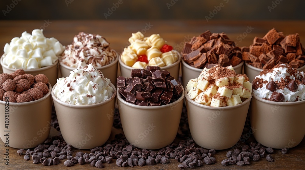 Assorted toppings for desserts displayed in cups. Assorted toppings for desserts displayed in cups.