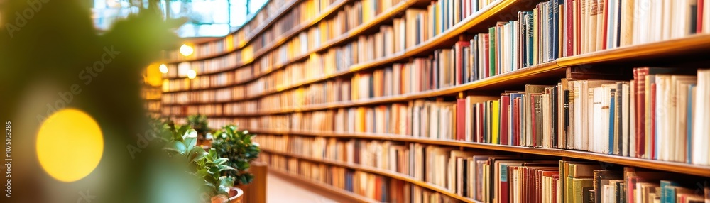 Cozy library with shelves filled with colorful books and plants. Cozy library with shelves filled with colorful books and plants.