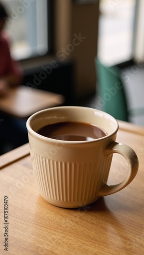 A table at a cafe features a brown coffee cup