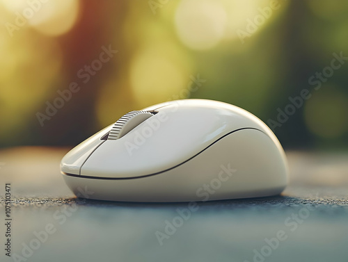 3D Illustration - White Wireless Mouse on Textured Surface with Blurred Background photo