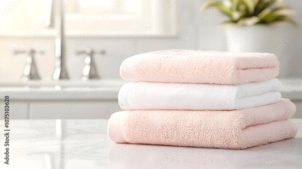 Elegant Soft Pink and White Towels Stacked on Marble Countertop - Cozy Morning Vibes with Warm Sunlight Enhancing Textures Elegant Soft Pink and White Towels Stacked on Marble Countertop - Cozy Morning Vibes with Warm Sunlight Enhancing Textures