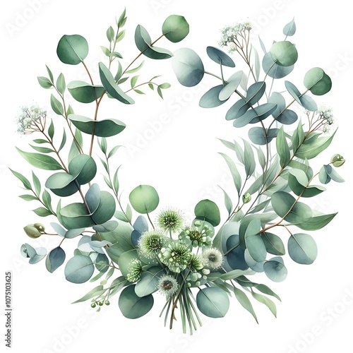 Elegant Eucalyptus Wreath With Green Foliage and Blooms. generator AI photo