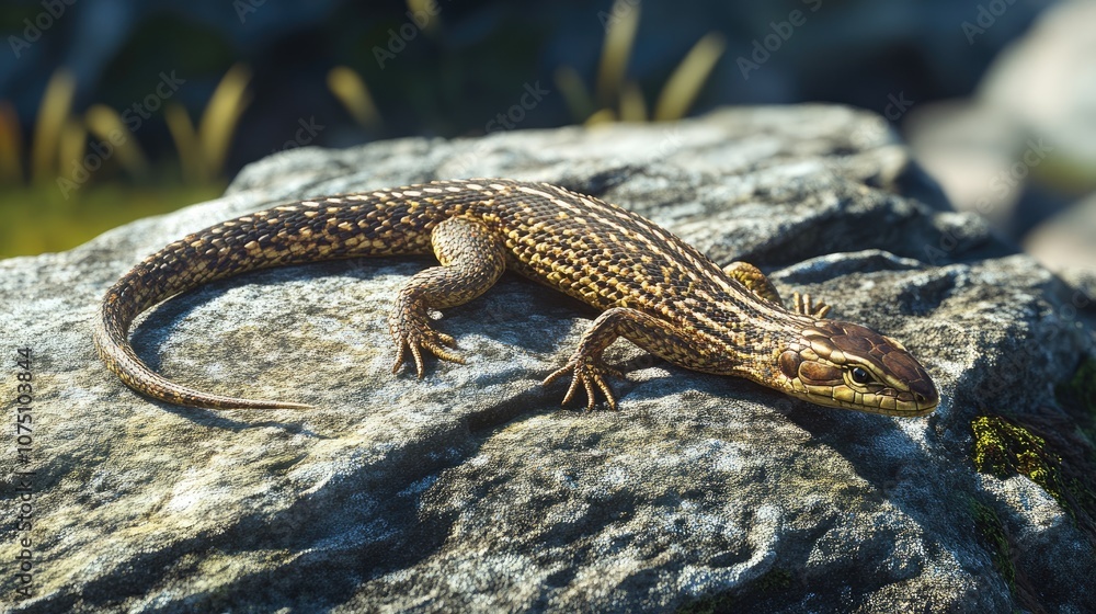 Naklejka premium Detailed Close-Up of a Brown Lizard Resting on a Rock in a Natural Environment Surrounded by Grass and Soft Light, Showcasing Textured Skin and Unique Pattern