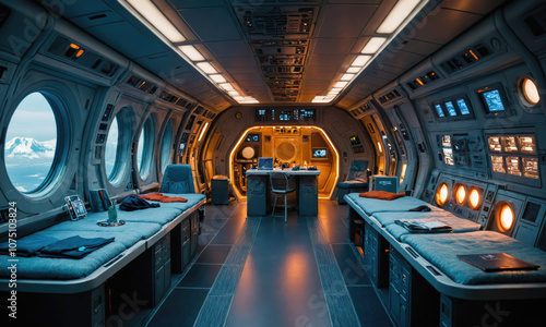 A futuristic spacecraft's interior with two beds on either side of a central walkway leading to a workspace with a desk, chair, and laptop