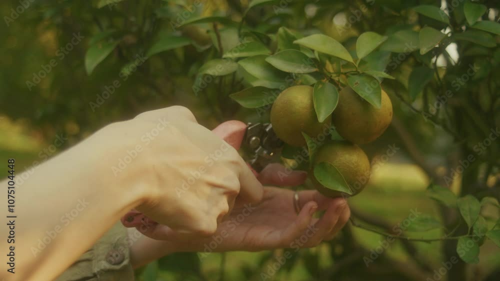 Red-haired woman picking fruit from the tree Red-haired woman picking fruit from the tree