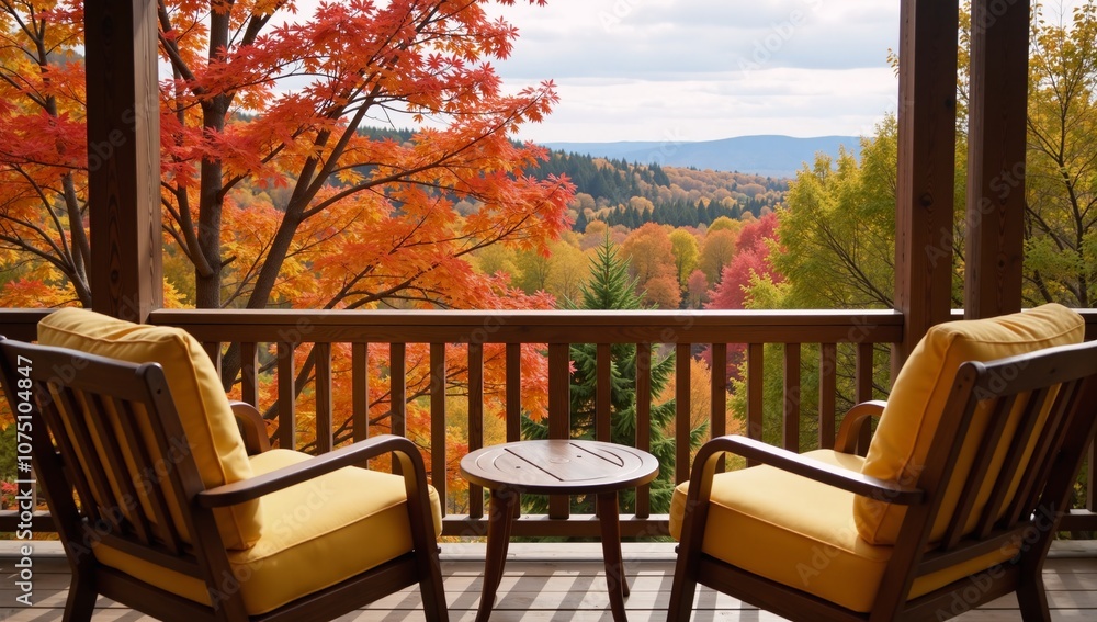 Obraz premium Wooden deck with yellow-cushioned chairs offers an autumnal tree view