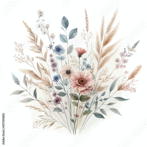 Soft watercolor wildflower arrangement with delicate boho leaves and grasses vector