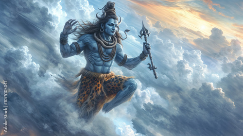 Divine illustration of Lord Shiva performing cosmic dance in clouds, wearing tiger skin and ornaments, holding trident against dramatic sunset sky with flowing hair and peaceful expression photo