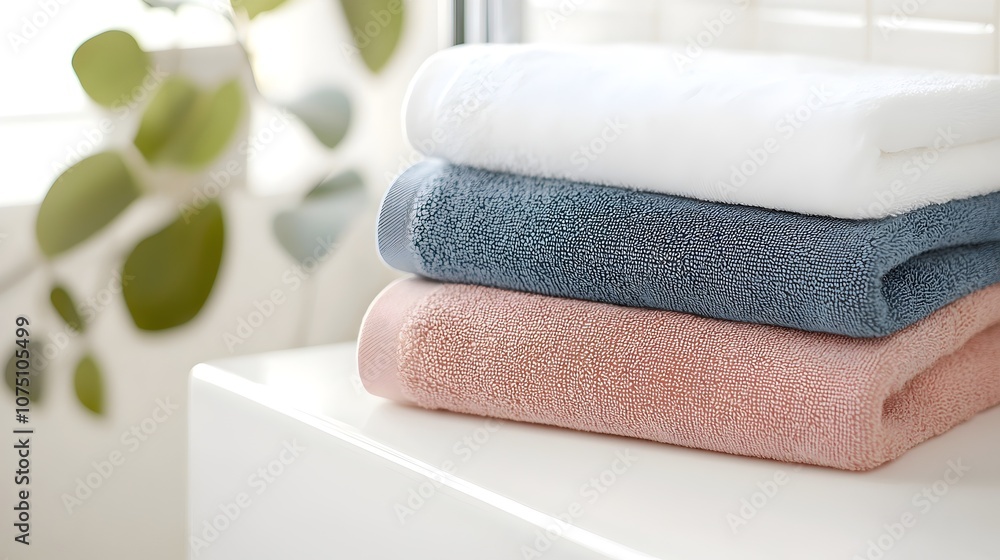 Soft-Colored Towels Stacked in a Cozy Bathroom - Tranquil Bathroom Decor with Natural Lighting and Lush Greenery for a Relaxing Atmosphere Soft-Colored Towels Stacked in a Cozy Bathroom - Tranquil Bathroom Decor with Natural Lighting and Lush Greenery for a Relaxing Atmosphere