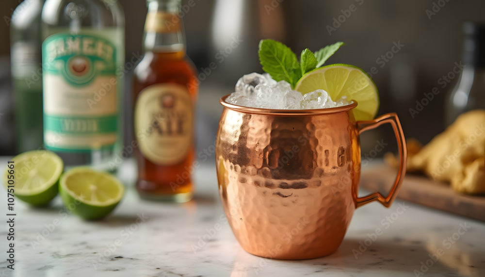 Photorealistic image of a Moscow Mule in a copper mug standing on a marble surface, with ingredients (vodka, ginger ale, lime) Photorealistic image of a Moscow Mule in a copper mug standing on a marble surface, with ingredients (vodka, ginger ale, lime)