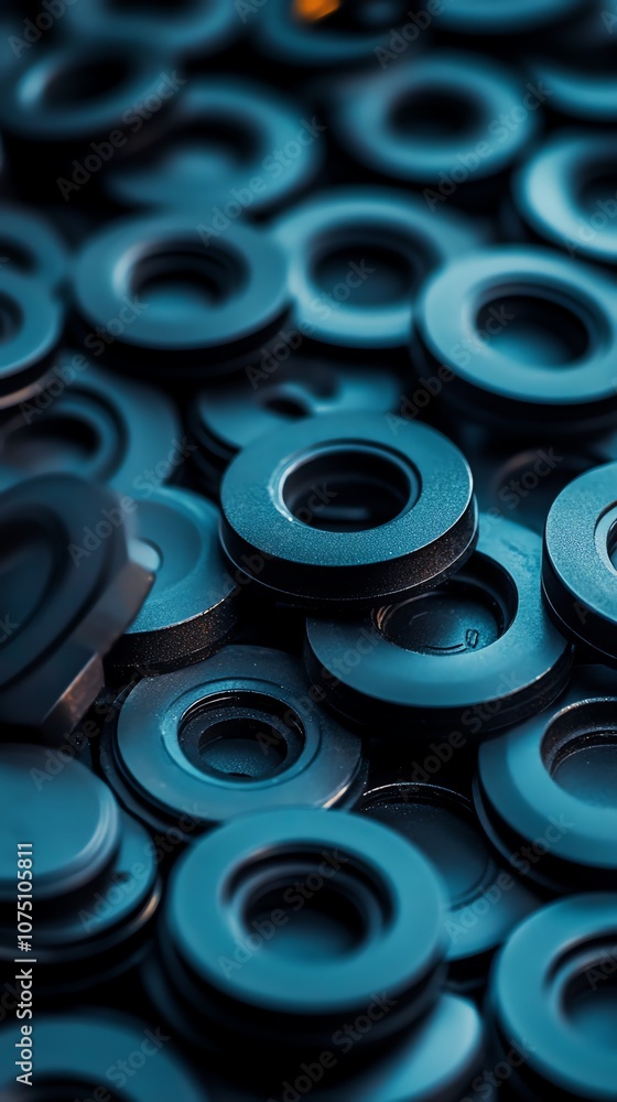 A close-up of a pile of black plastic rings with a hole in the center. A close-up of a pile of black plastic rings with a hole in the center.