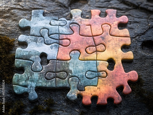 A colorful, incomplete jigsaw puzzle piece on a textured surface. photo