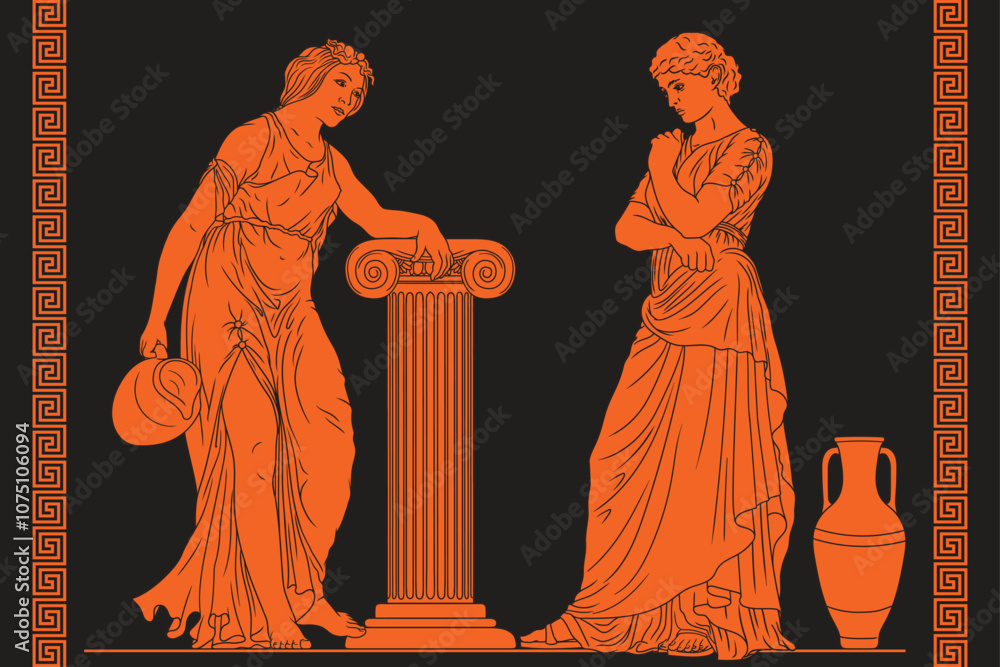 Φωτογραφία Two ancient Greek women stand near a column of a pedestal, hold a jug of wine and water in their hand and have a conversation