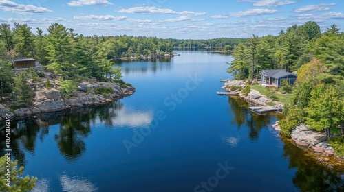 Serene Lake View Surrounded by Lush Green Trees and a Remote Cabin in a Tranquil Landscape Under a Bright Blue Sky with Floating Clouds