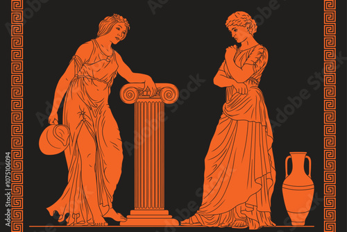 Two ancient Greek women stand near a column of a pedestal, hold a jug of wine and water in their hand and have a conversation. Two female figures and meander ornament on a black background