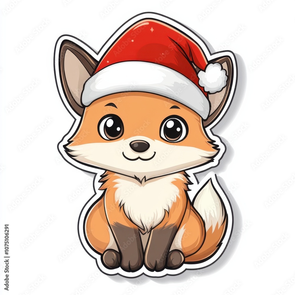 Kawaii Christmas Fox Sticker White Background: Cute Christmas Sticker Clipart Kawaii Christmas Fox Sticker White Background: Cute Christmas Sticker Clipart