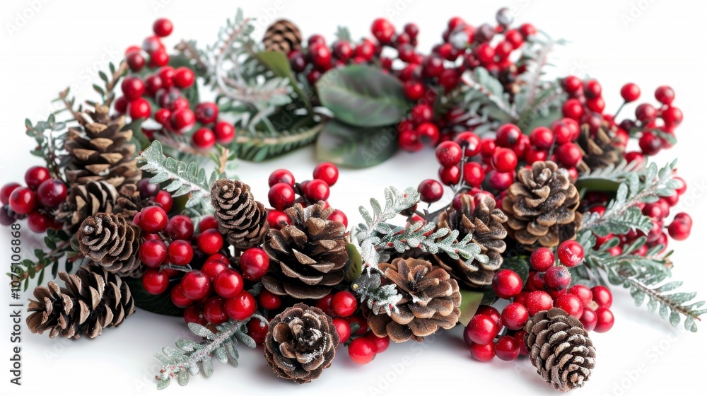 A festive Christmas wreath with red berries and pine cones, isolated on white background A festive Christmas wreath with red berries and pine cones, isolated on white background