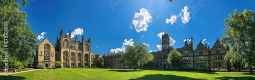 A stunning view of Yale University's campus showcasing historic buildings and lush greenery under a bright blue sky photo