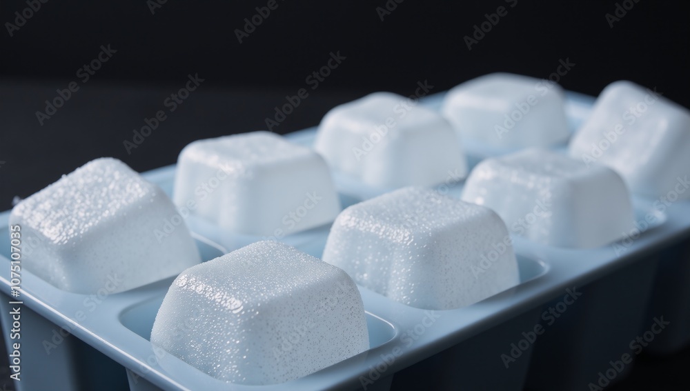 Frosty ice cubes await in a frozen ice tray for beverages and cocktails Frosty ice cubes await in a frozen ice tray for beverages and cocktails