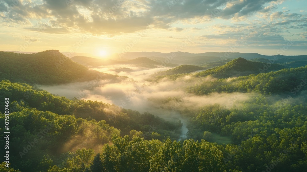 Φωτογραφία Breathtaking view of the Ozark Mountains at sunrise with mist filling the valley
