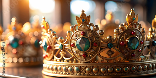 Detailed Close Up of Reyes Magos Traditional Crowns Intricate Designs Festive Embellishments Perfect for Magazine Advertisements Banners with Copy Space for Text Photo Stock Concept