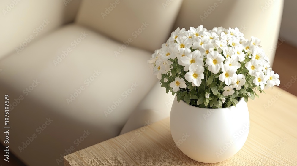 Beautiful White Flowers in Elegant Pot on Table with Soft Couch in Background, Perfect for Home Decor, Interior Design, and Relaxation Aesthetic Beautiful White Flowers in Elegant Pot on Table with Soft Couch in Background, Perfect for Home Decor, Interior Design, and Relaxation Aesthetic