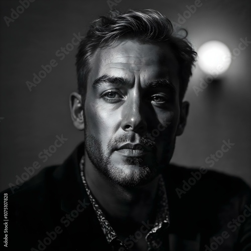 Elegant Black and White Portrait of a Mature Man with Dramatic Lighting