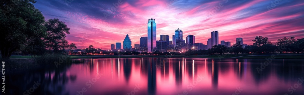 A stunning sunset over the Dallas skyline reflecting beautifully on the calm waters of a nearby park, capturing the city's vibrant colors A stunning sunset over the Dallas skyline reflecting beautifully on the calm waters of a nearby park, capturing the city's vibrant colors