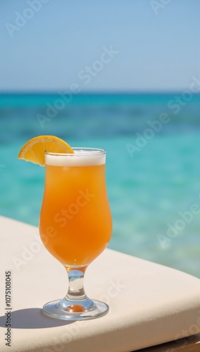 Beachfront orange cocktail on a chaise lounge emphasizing a tropical seaside getaway advertisement