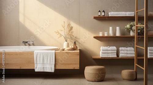 A photo of a minimalist spa bathroom with fluffy towel