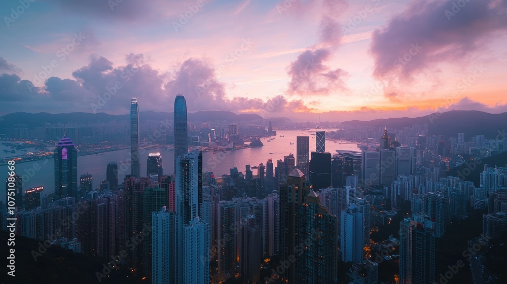 A stunning sunset over Hong Kong skyline showcasing vibrant colors reflecting on the tranquil waters of Victoria Harbour A stunning sunset over Hong Kong skyline showcasing vibrant colors reflecting on the tranquil waters of Victoria Harbour