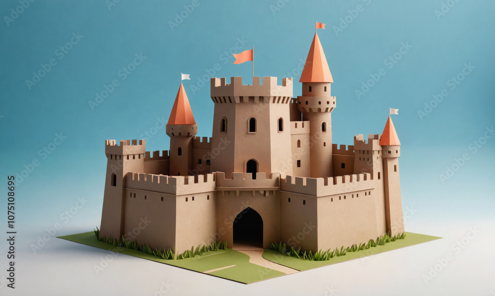 A paper castle model with several towers and a gated entrance sits on a green base against a light blue background A paper castle model with several towers and a gated entrance sits on a green base against a light blue background