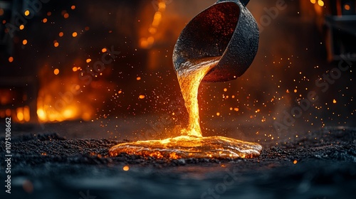 Molten metal being poured from a ladle into a mold photo